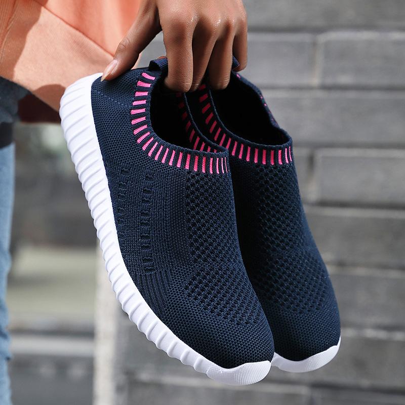 Spring large size sports shoes women's round head knitted mesh single shoes