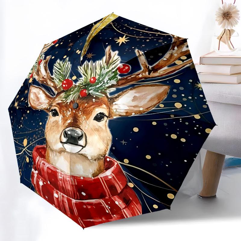 1pc Christmas Deer Automatic Open/Close Umbrella Compact Folding Umbrella, All-Season Portable Umbrella for Women/Men F1124032