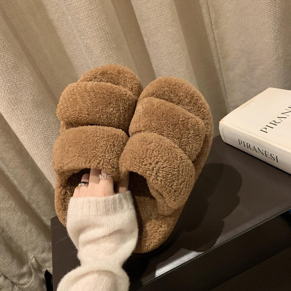 Height Increase of 5cm~ Soft Lazy Word with Fluffy Slippers Women's 2025 Autumn and Winter Muffin Thick-soled Cotton Slippers