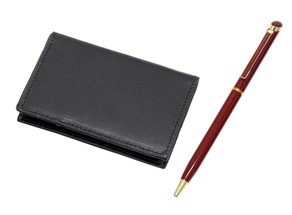Recycled Cowhide Business Card Holder with Epoxy Rotating Ballpoint Pen 4-Pocket Set, Red, T23-LS030B-WD002-R