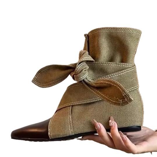 Spot~ Niche wind strap splicing tip inner height increase cm short boots women's new autumn and winter cowboy boots