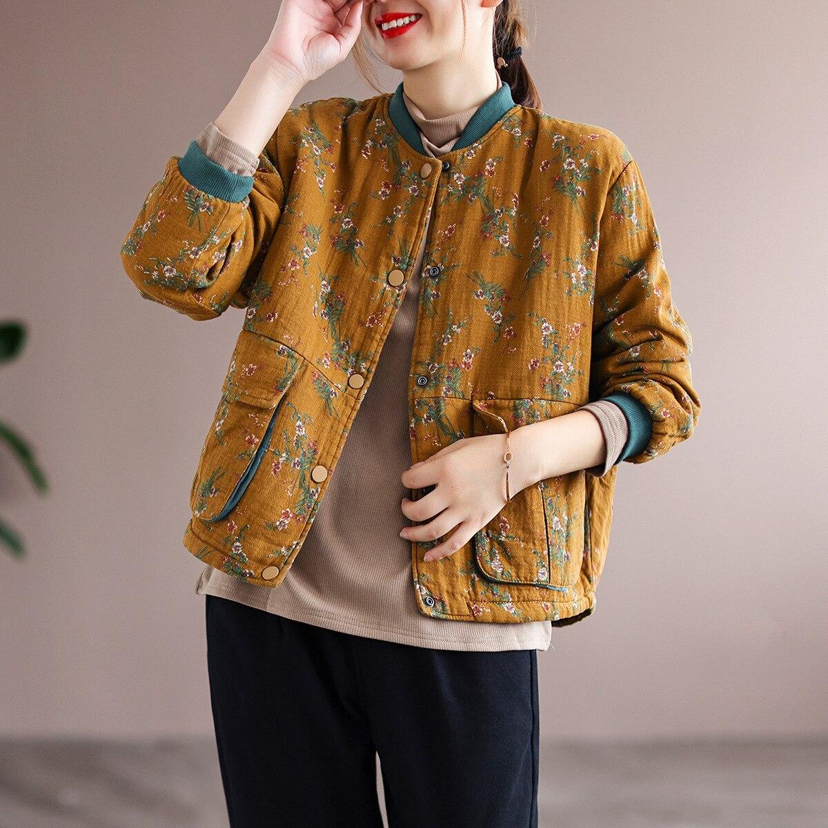 

Женская винтажная стойка с цветочным принтом, свободная куртка с длинными рукавами из хлопка ONE SIZE жёлтый