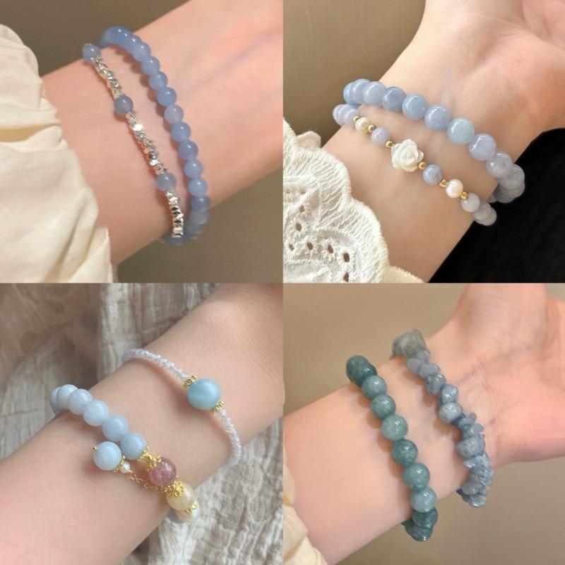 Aquamarine Camellia Beaded Elastic Bracelet Women's Forest Style Traditional Chinese Style Exquisite Bracelet Colorful Pink Mist High-End Bracelet