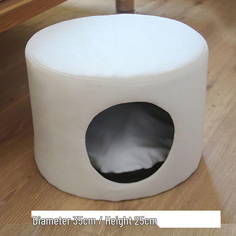 Enclosed Winter Warm Cat Bed & Human Shared Wooden Stool - All-Season Universal Nest