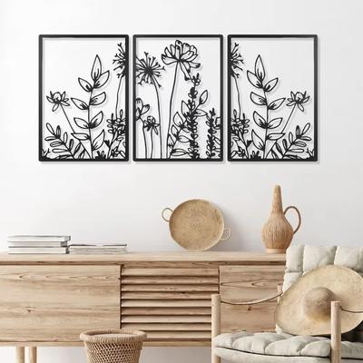 Elegant 3Pcs Black Flower Wall Decor: Minimalist Sculpture for Bedroom, Bathroom & Kitchen.Elegant Sculpture for Home.