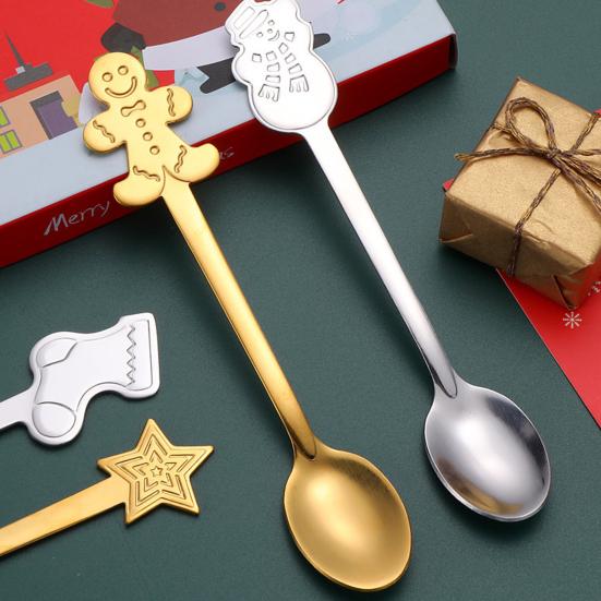 Elegant Table Decor for Parties 4Pcs Christmas Dessert Spoons, Stainless Steel Coffee Spoons with Gingerbread Man Star Stocking Snowman Handle, Unique