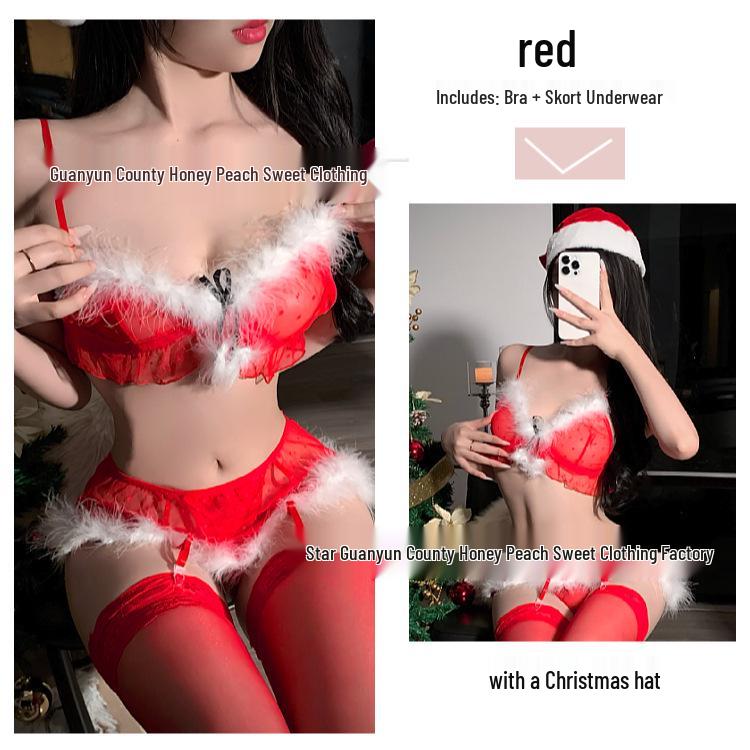 Sexy Fishnet See-Through Lingerie with Garter Belt & Fluffy Christmas Role-Play Bikini