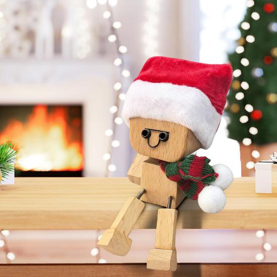 1 Set Christmas Shaking Wooden Man Wood Block Man Figurine with Shaking Legs 12 Magnetic Expressions Handmade Funny Santa Figurine
