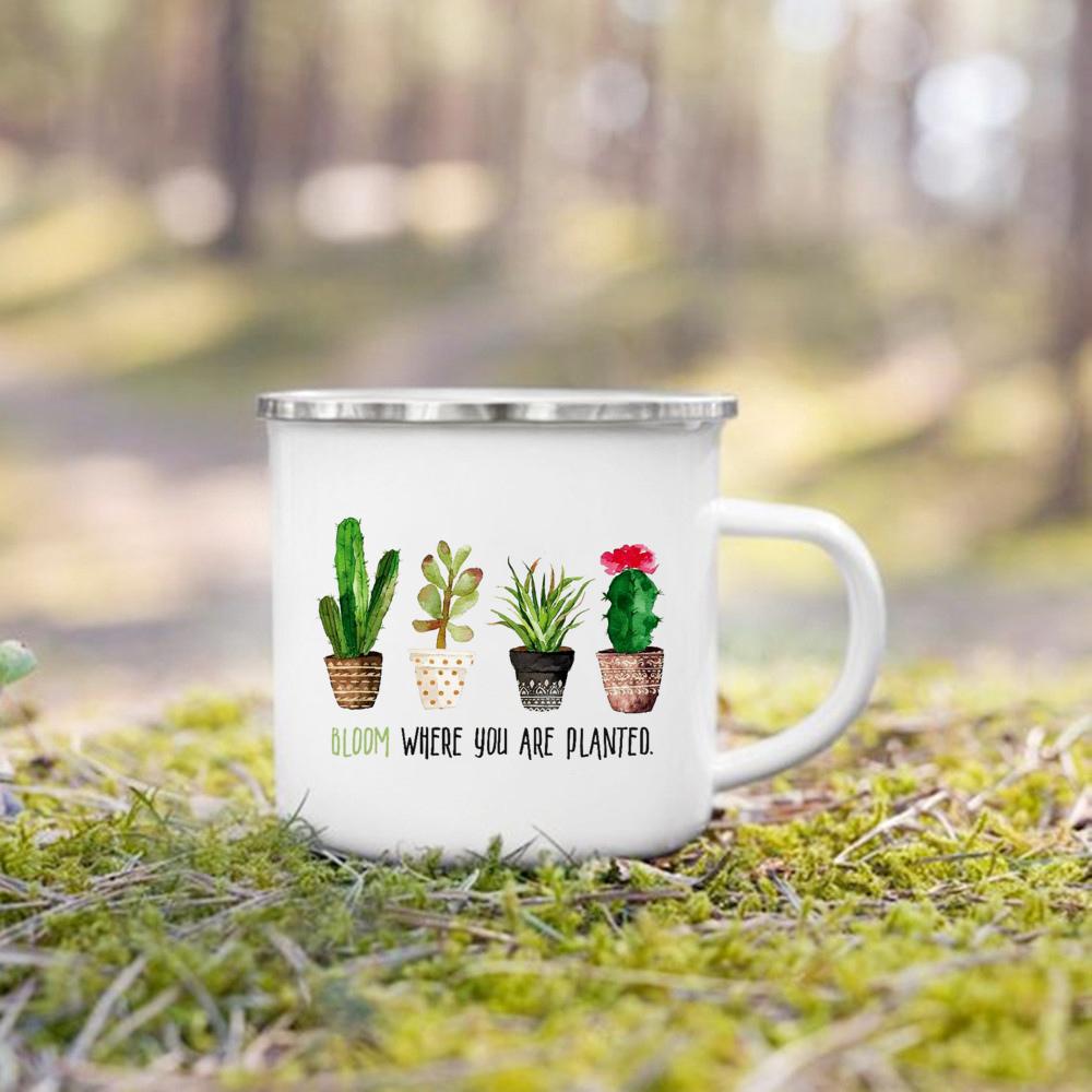 Cană Emailată cu Imprimeu Plantă Cactus Vară Camping Căni Foc de Tabără Căni Creative pentru Cafea Apă Lapte Mâner Veselă pentru Băut Cadouri pentru Camper