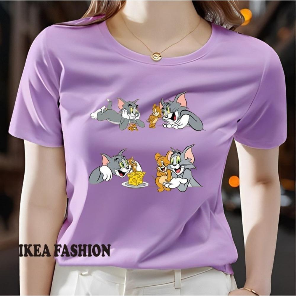 New casual women's printed short sleeved round neck slightly elastic T-shirt for spring and summer, new ins super popular