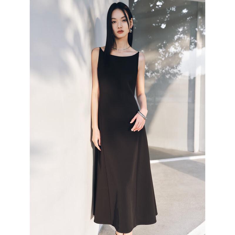 PEACEBIRD Women's Black Pearl Boat Neck Spaghetti Strap Dress