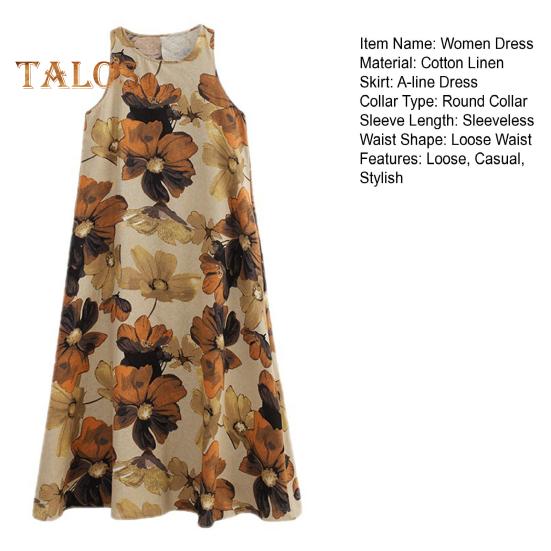 Boho Plus Size Cotton Linen Dress for Women Summer Sleeveless Printed Loose Long Dress Casual Round Neck Maxi Tank Dress