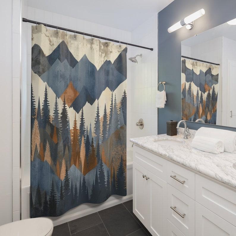 Mountain Silhouette Shower Curtain, Cabin Country Shower Curtain, Outdoor Landscape Bathroom Decor, Bathroom Accesories 71"x74"