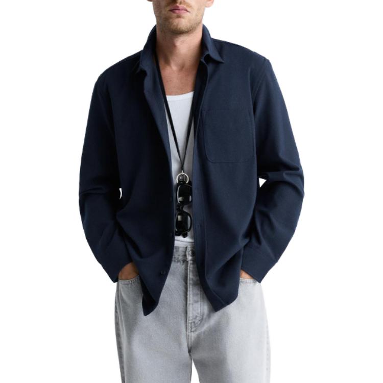 Zara Solid Color Pointed Collar Single-Breasted Long Sleeve Shirt Men shirts Blue 01063340401-33