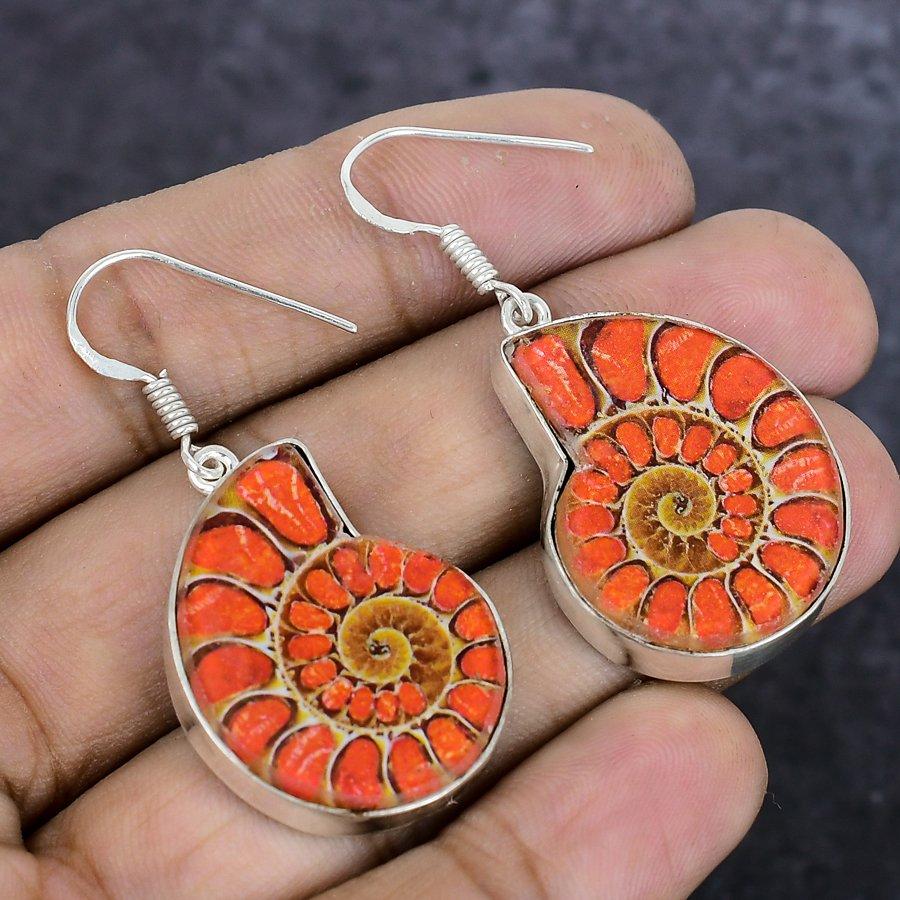 Ammonite Fossil Gemstone 925 Sterling Silver Jewelry Earring 1.85"