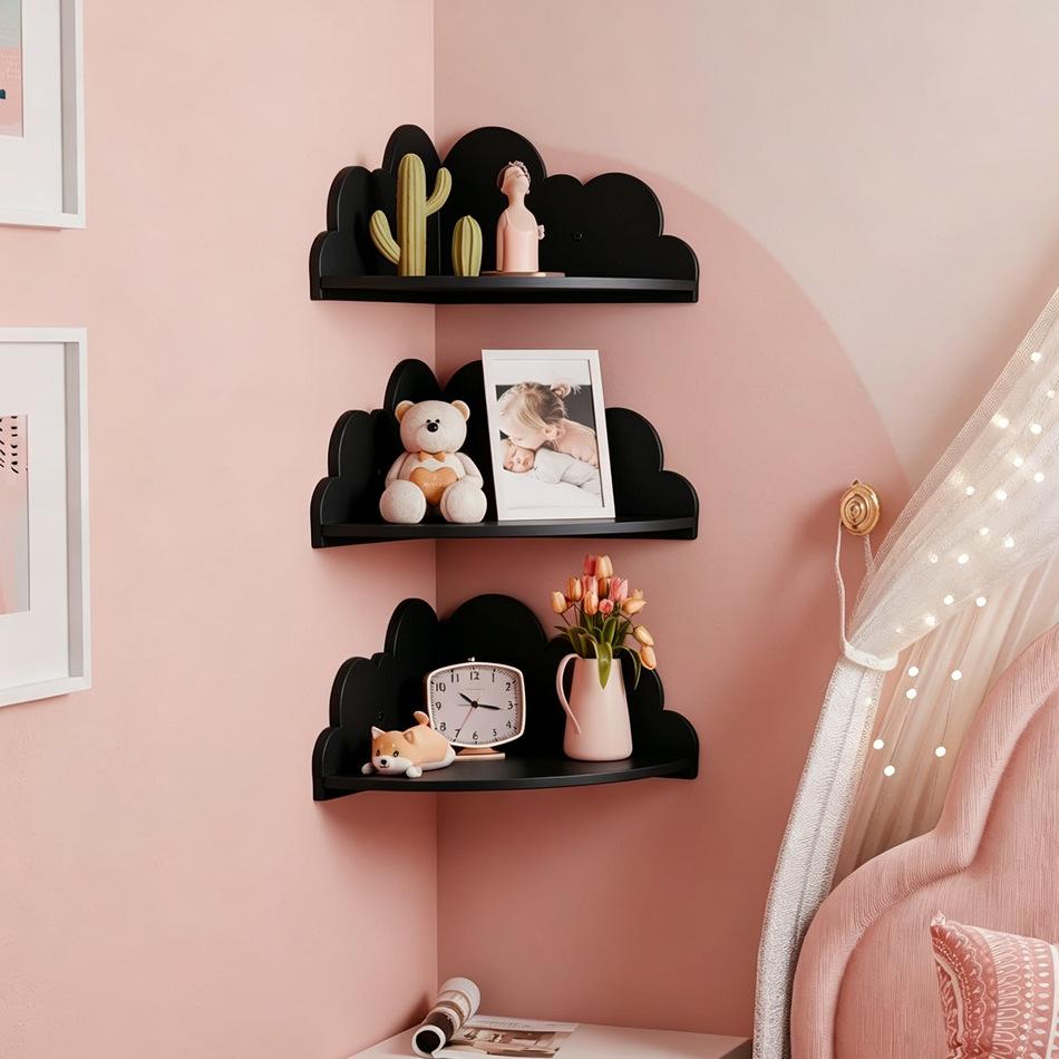3PCS Cute Cloud Corner Wall Shelf White Floating Display Storage Rack For Kids Bedroom Decor Management Organizer