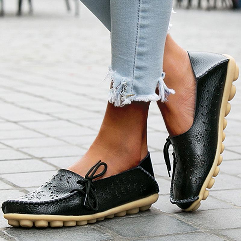 Women's Loafers Genuine Leather Women Flats Bowtie Tenis Shoes For Women Hollow Nurse Shoes Slip On Footwear Plus Size