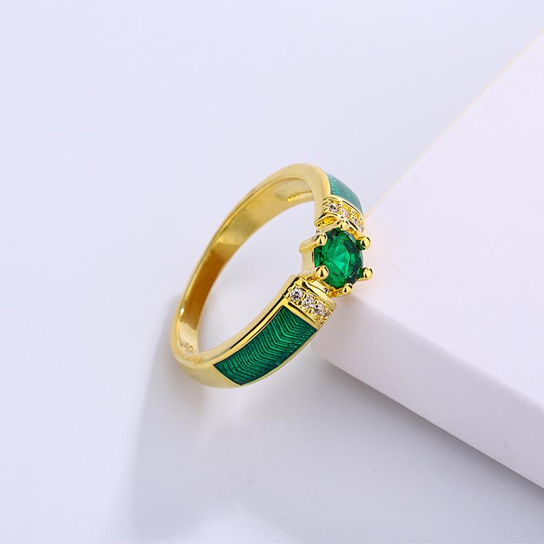Hot Selling Fashion Emerald Zircon Ring for Women Light Luxury Enamel Drop Ring Ring