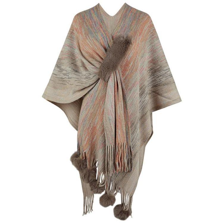 Women Winter V-Neck Loose Knitwear Cardigan Bat Sleeve Cross Border Cloak Autumn Color Collision Sweater