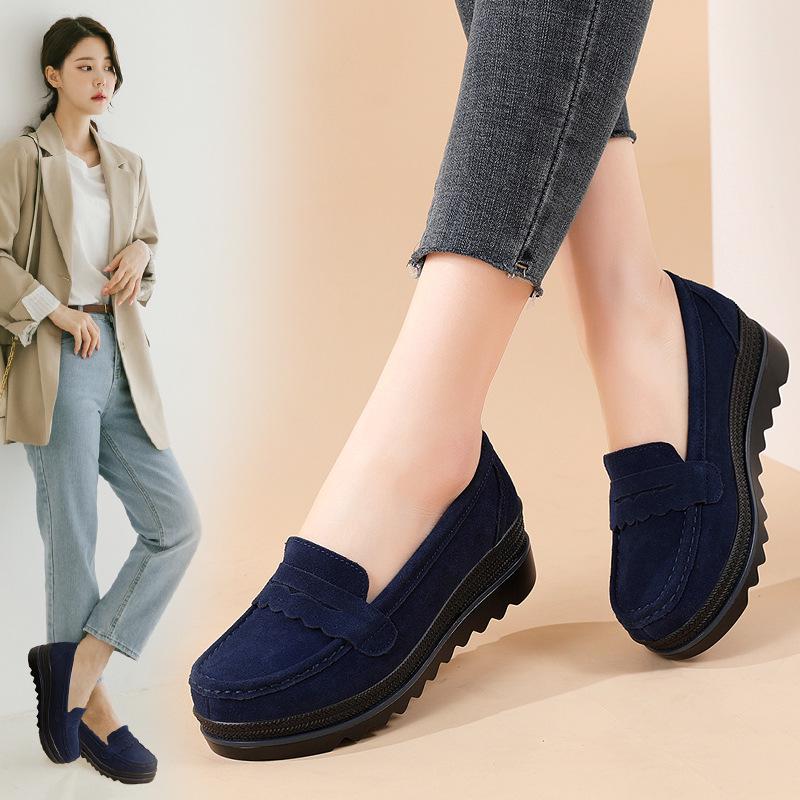 Genuine Leather Women's Sneakers - Spring/Autumn Style, Thick-Soled Wedge Platform, Large-Size Korean Mom Shoes