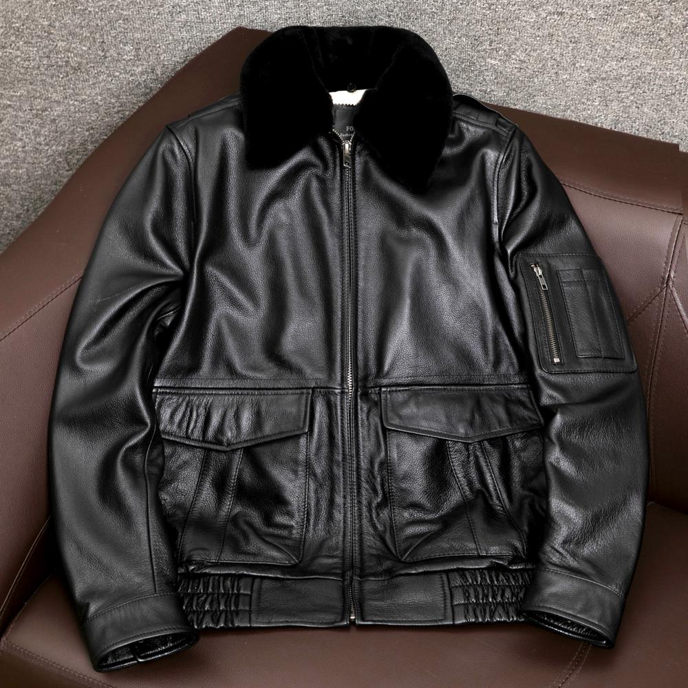 New Genuine Leather Jacket Men Real Cowhide Fur Collar Flight Coat Winter Padded Jacket