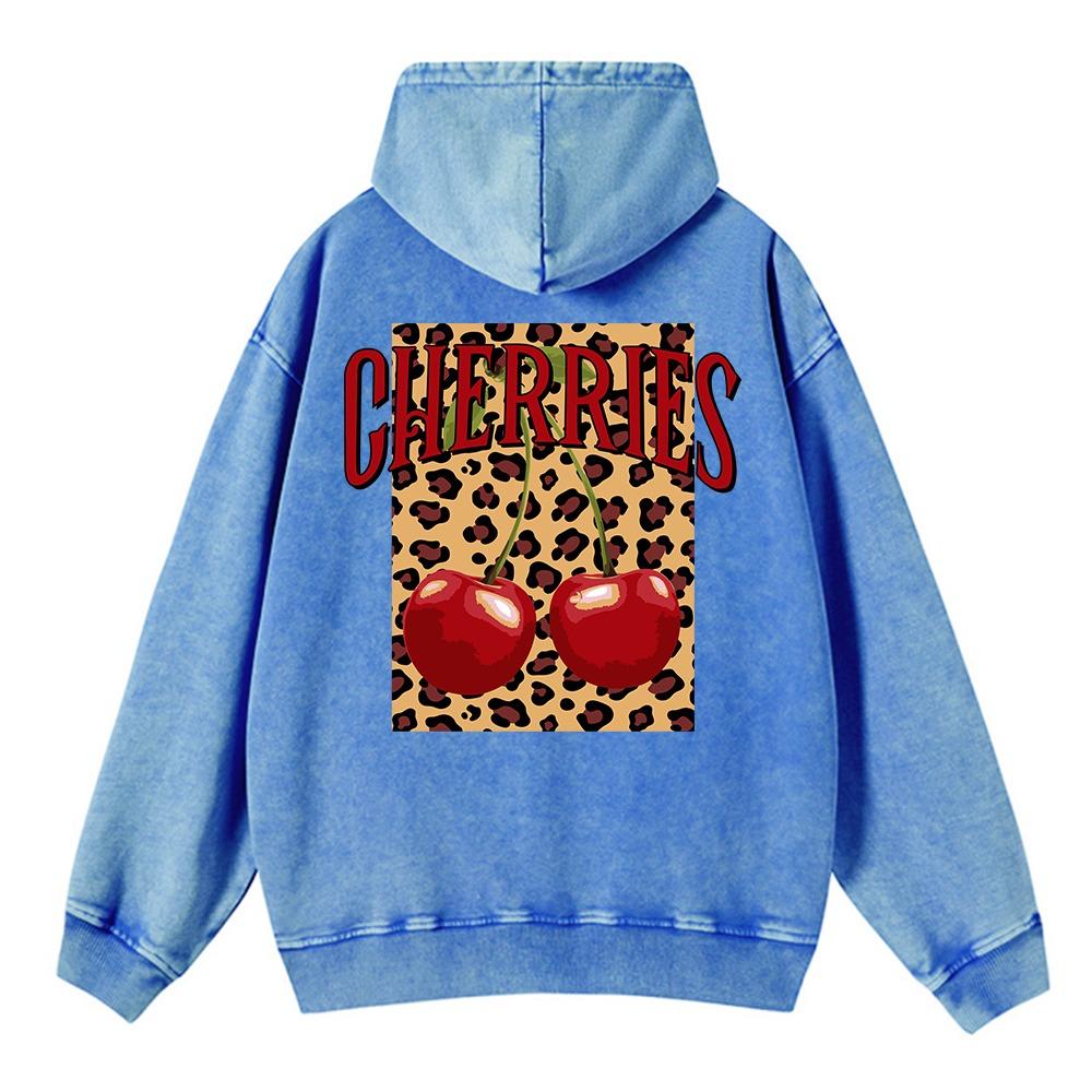 Vintage Womans Acid Wash Hoodies Fashion Leopard And Cherry Prints Pullovers Pocket Oversize Cotton Hooded Tops