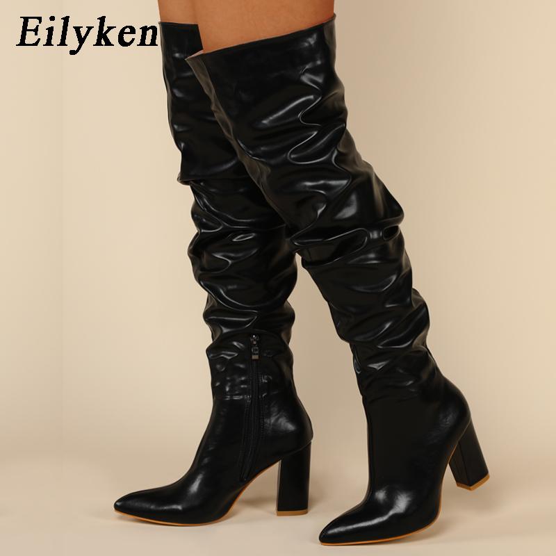 

Fashion Eilyken Fashion White Pleated Women Over-the-Knee Boots Sexy Pointed Toe Square Heels Ladies Long Zipper Female Shoes 35 чёрный