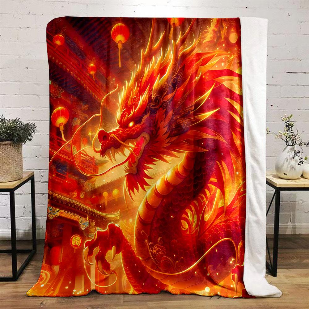 "Fiery Red Dragon In Lantern Festival" Patterned Flannel Blanket Perfect for the Bedroom Living Room, Sofa, or a Little Nap