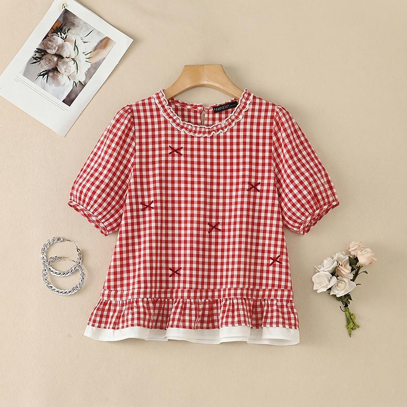 ZANZEA Dames Casual Blouse met Ruitjesprint, Ronde Hals en Korte Mouwen