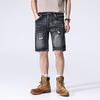 New Summer American Casual Denim Shorts Retro Straight Mid-tie Ripped Five-point Pants