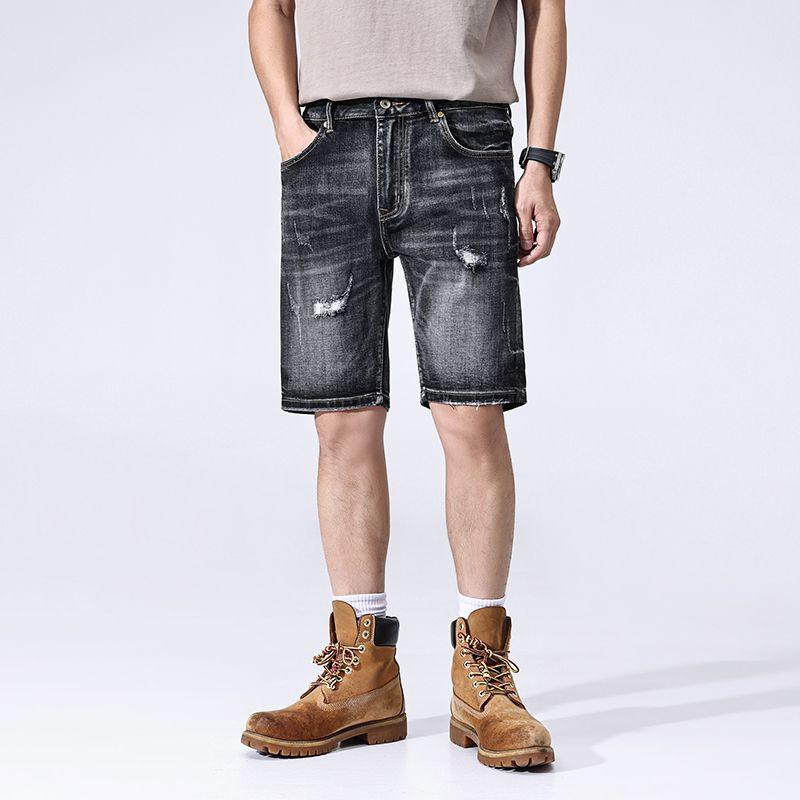 New Summer American Casual Denim Shorts Retro Straight Mid-tie Ripped Five-point Pants