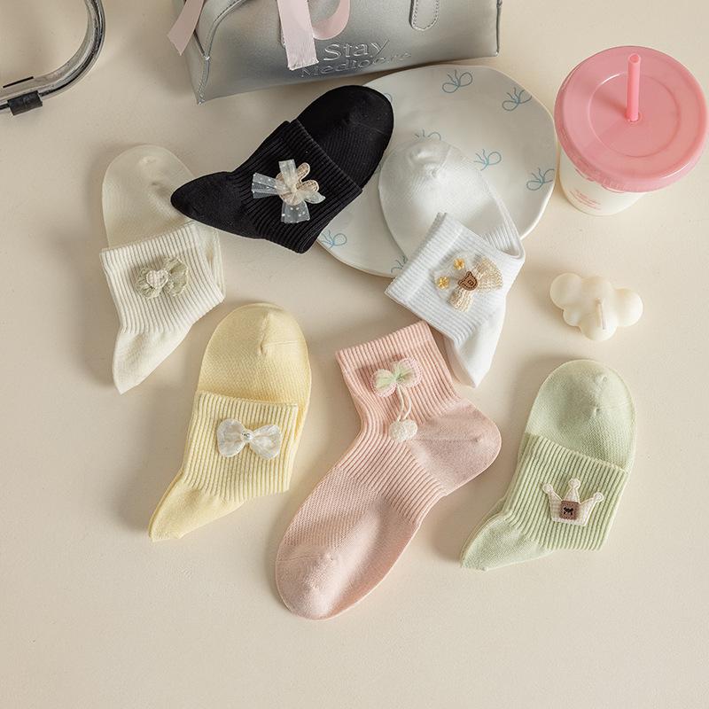 Female Spring and Summer Cartoon Lovely All Kinds of Stereo Bowknot Boneless Mesh Breathable Tube Cotton Socks