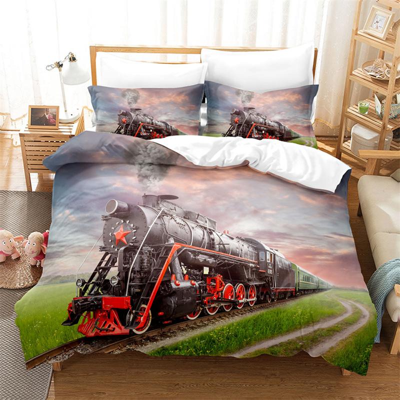 Train Duvet Cover Full Size Boys Steam Engine Bedding Set Microfiber 3D Rail Vehicles Comforter Cover For Boys Teens Room Decor