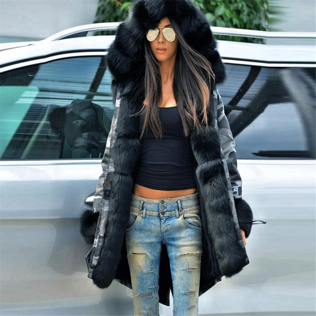 Women's Faux-Fur Shaggy Winter Camo-Coat Long Sleeve Open Front Outwear Fishtail Hooded Jacket