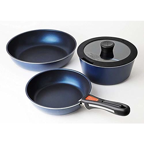 Pearl Metal 5-Piece Frying Pan and Pot Set, Induction Compatible, Dark Blue, Diamond Coat, Removable Handles, HB-3975