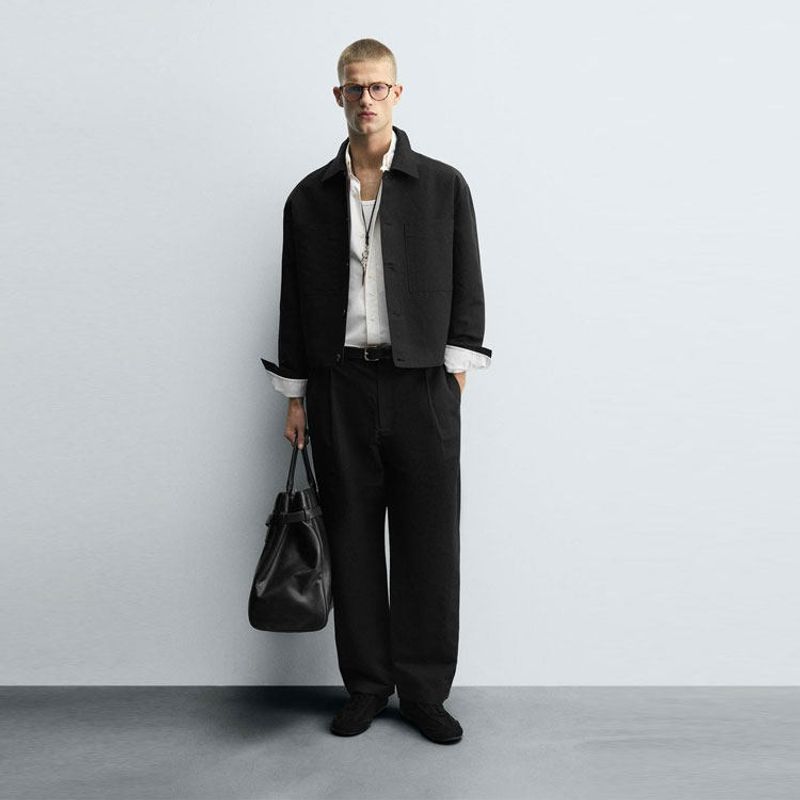Za2025 Autumn New Men s Fashion Casual Lapel Simple Long Sleeve Multi-Pocket Shirt Jacket 6861337 Black XL