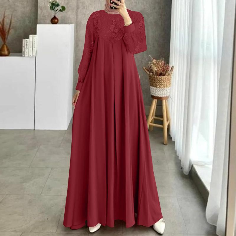 ZANZEA Damska luźna sukienka z koronkowym patchworkiem i długim rękawem