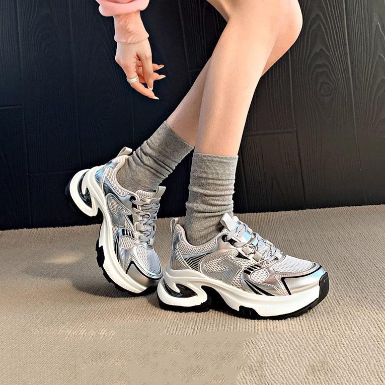 Super Chaudes Chaussures de Papa Argentées pour Femmes, Nouvel Article Printemps/Été 2025, Polyvalentes, Petite Hauteur, Semelle Épaisse, Chaussures de Sport Respirantes