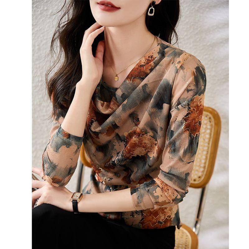 Frühherbst Neue Netz-Langarm-Oberteile Frühling und Herbst Damen-T-Shirts Hochwertige Damenhemden im westlichen Stil