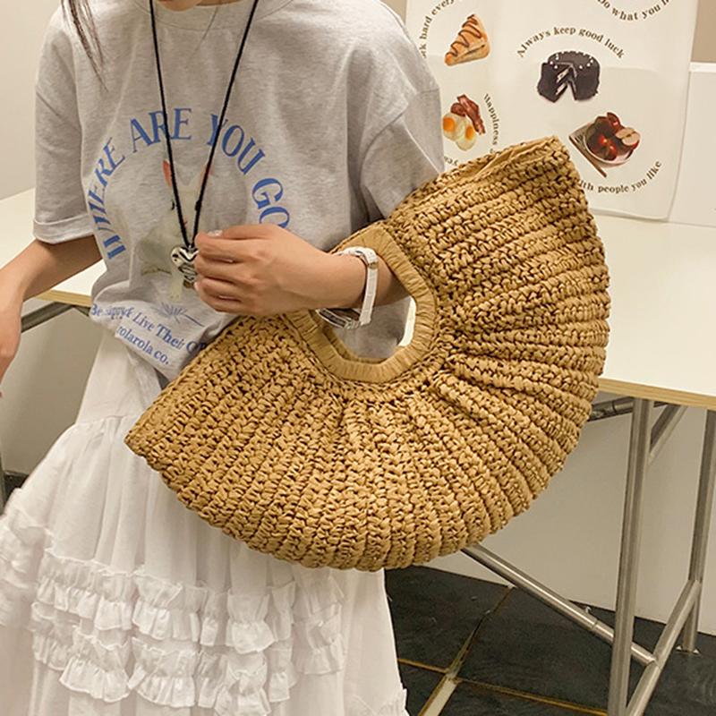 Sommerhalm Kvinner Half-moon Beach Handbag Rattan Håndlaget håndtak Mote Kintted Tote Bag