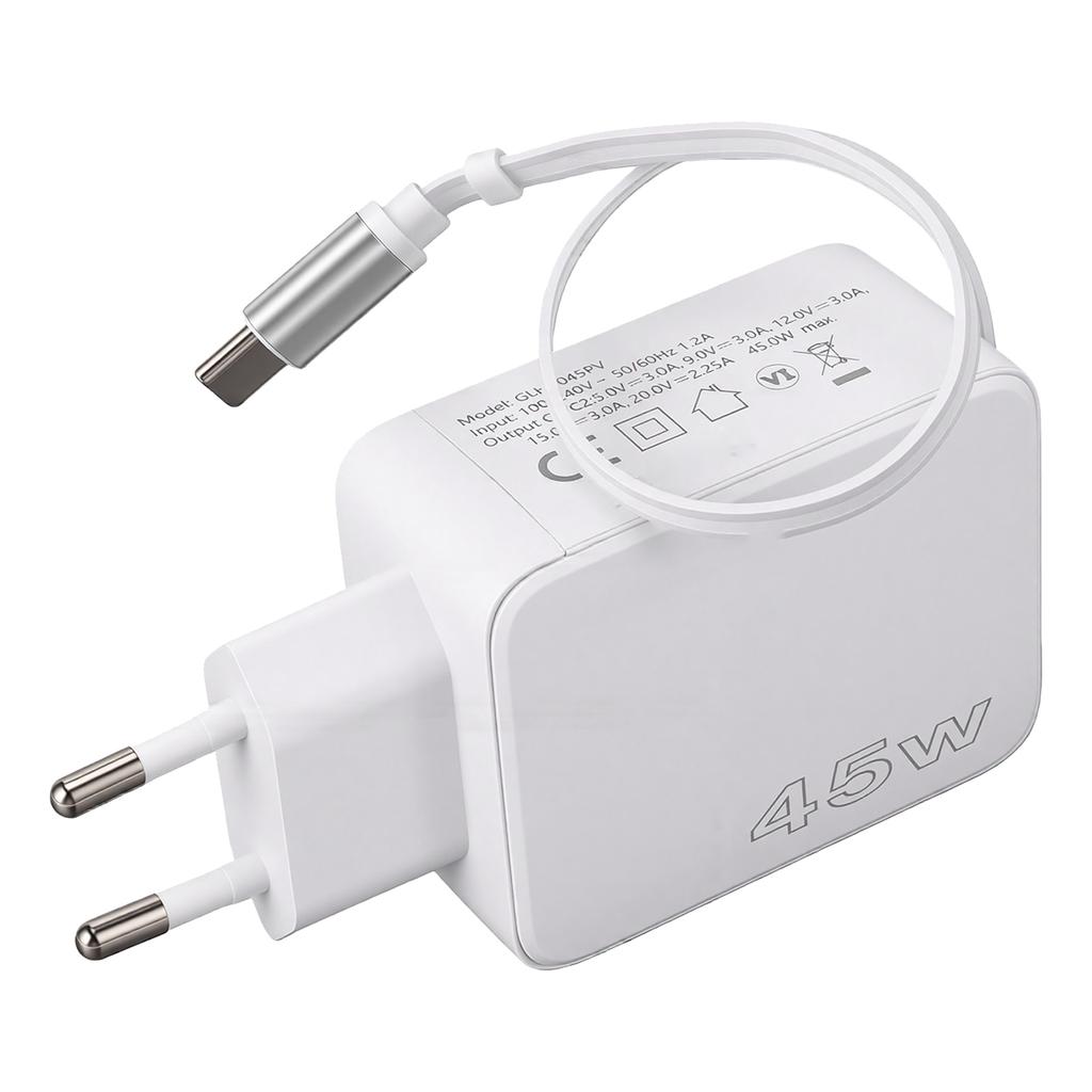 PD45W Fast Power Charger with Retractable Cable Overcurrent Overvoltage Prevention Dual Type C Port Charger for Phones