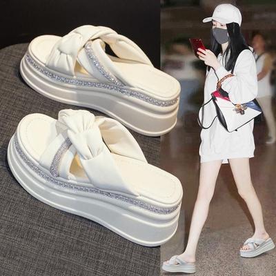 Thick Bottom Heightening Cool Slippers Women's Summer 2025 New Versatile Outer Wear Fashion Rhinestone Muffin Slope Heel Sandals