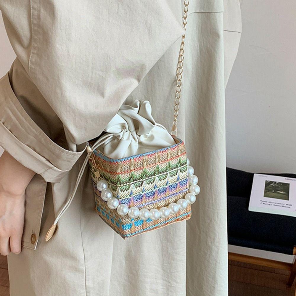 Bohemian Straw Shoulder Bag Elegant Women's Crossbody Bag Evening Purse Pearls Straw Handbag  Beach