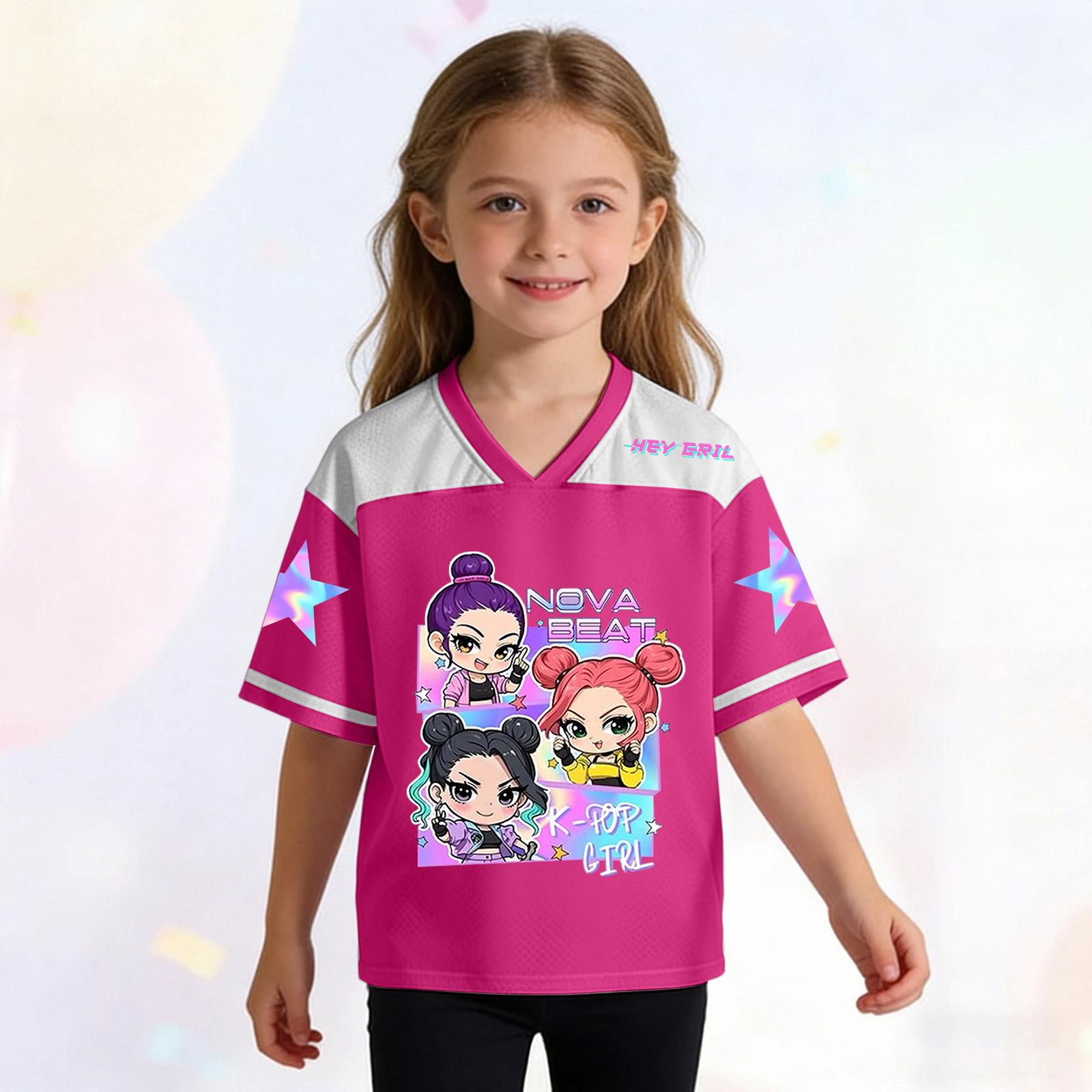 Детский модный топ-свитер с принтом, V-образным вырезом и короткими рукавами для девочки 150