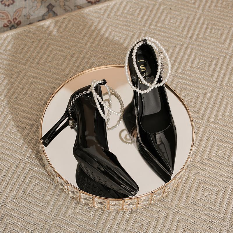 Patent Leather Waterproof Table High Heels Fairy Fairy Temperament Pearl Word with Light Mouth Thin Heel Not Tired Feet Single Shoes