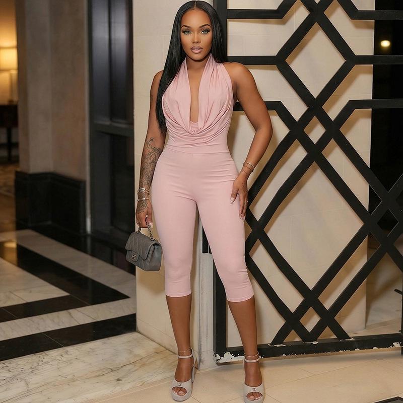 Women's 2026 Summer Draped Neck Backless Tie Bodycon Jumpsuit