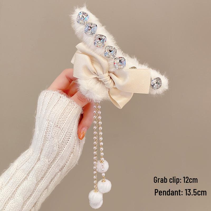 Korean Style Plush Bow Hair Clip with Tassel - Autumn/Winter Women's Hair Accessory