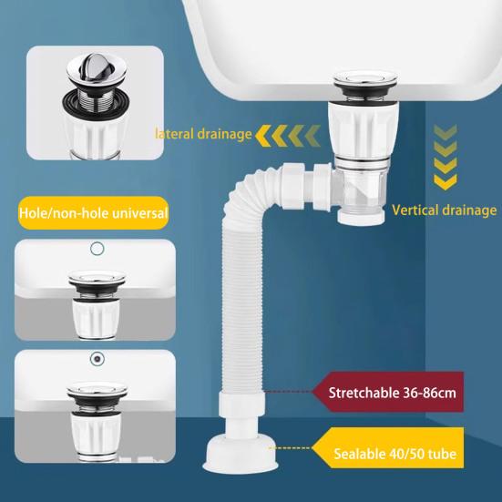 Bathroom Sink Drain Kit with Flexible Expandable P-Trap Leak-Proof Odor Prevention Easy Installation Flexible Sink Drain Pipe Set