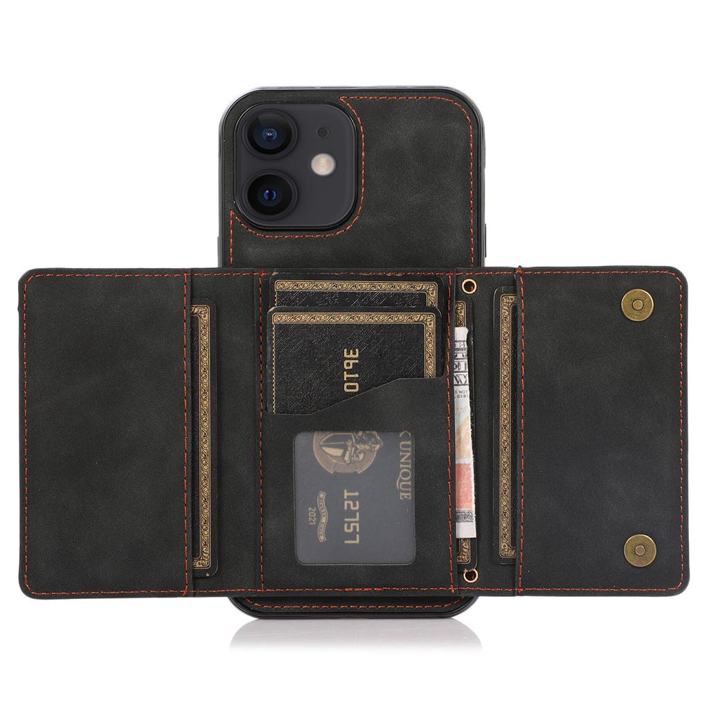 For iPhone 12 Mini 5.4 Inch Case Magnetic Button Tri-fold Wallet Kickstand PU Leather Coated TPU Cover