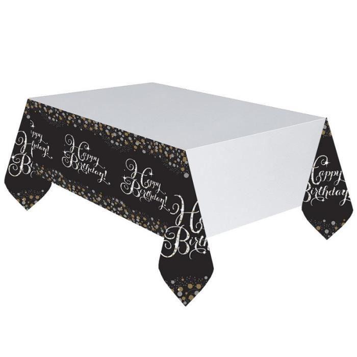 Nappe En Plastique - Happy Birthday - Argent / Noir - 137 X 259 Cm - Lavable
